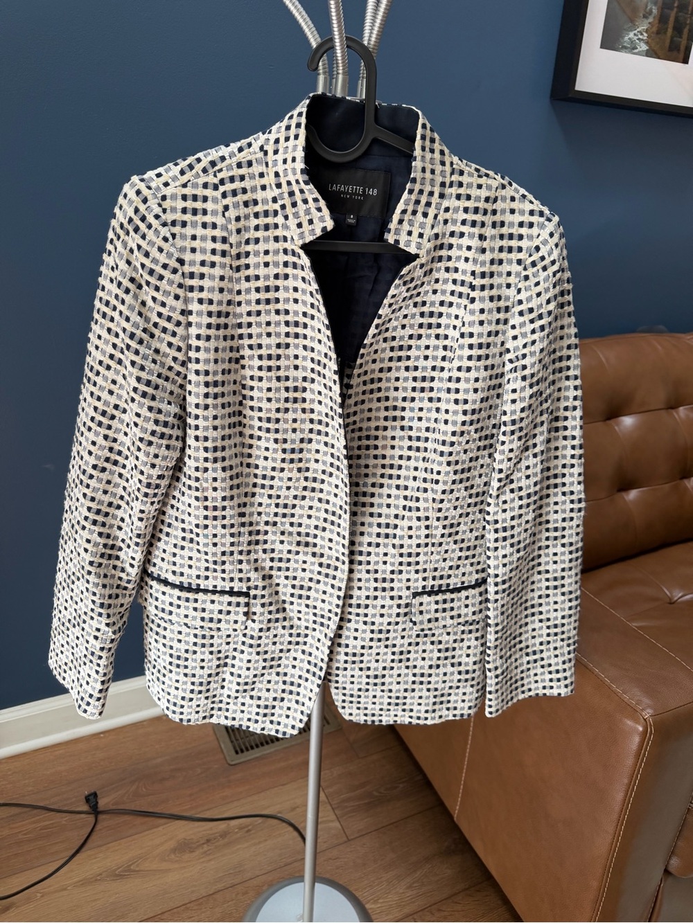 NWOT Lafayette 148 New York Textured Checked Open Front Blazer Jacket Size 8